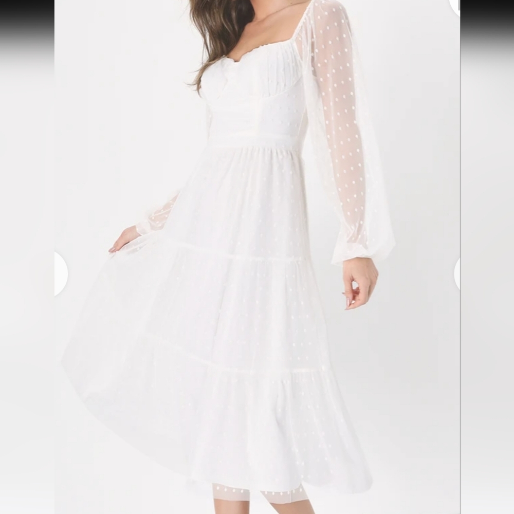 *Lulus Affectionate Aura White Swiss Dot Tiered Bustier Midi Dress